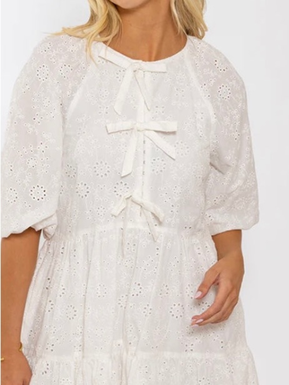 Karlie White Eyelet Tie-Front Midi Dress